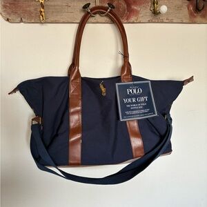 Polo by Ralph Lauren Navy and Brown Leather-Trim Duffel